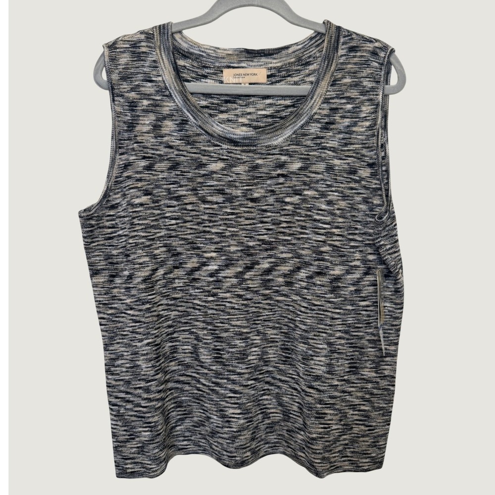 Jones New York Womens Knit Top XL Black White Space Dye Linen Blend Minimalist